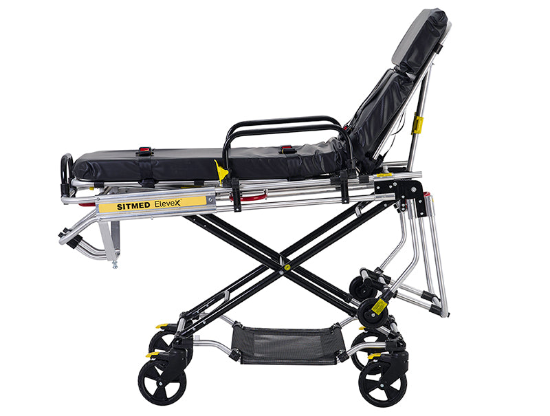 ANS M1 車両搭載用ストレッチャー。大口径タイヤで安定性抜群。高さが調節できるため処置台、ベッドなどの高さに合わせて身体の移し替えが行えます。