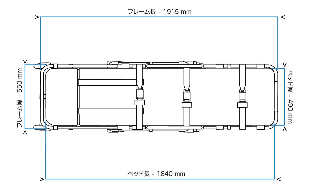ANS M3 コンパクト車両搭載用ストレッチャー。車への搬入・搬出が簡単に行えるロールインストレッチャー。ベッド部の長さは175cmか190cmで選択可。高さは車両床の高さに合わせて製作します。
