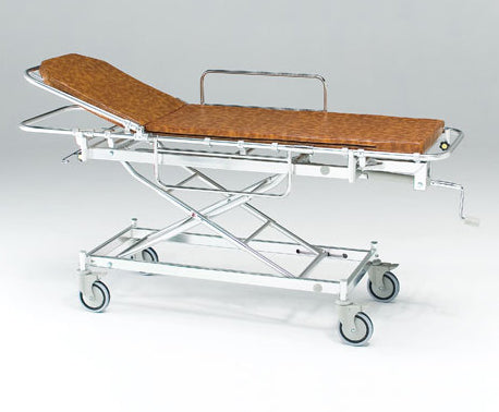 AL-UD-4 軽量ストレッチャー。四輪ダブルロックタイプ・担架取り外し式・背上げ機構付。クランクハンドル上下式で高さ調整ができベッド等への移動が楽に行えます。