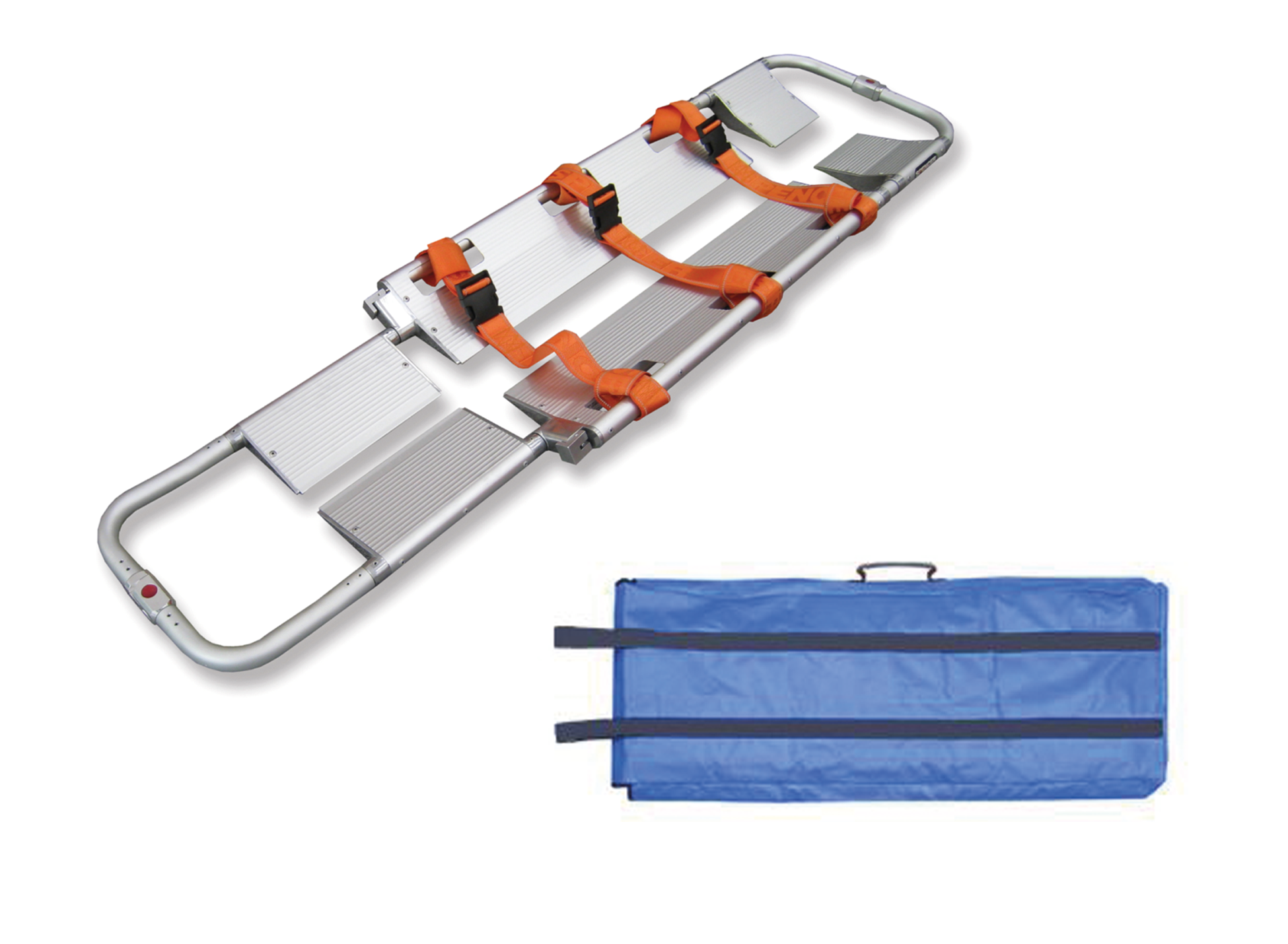 ANS 65 スクープストレッチャー。二つに分割して体の下にすべり込ませる構造なので動きが少なく、傷病者の二次損傷を防ぐことができます。頚椎損傷が疑われる場合などに最適です。