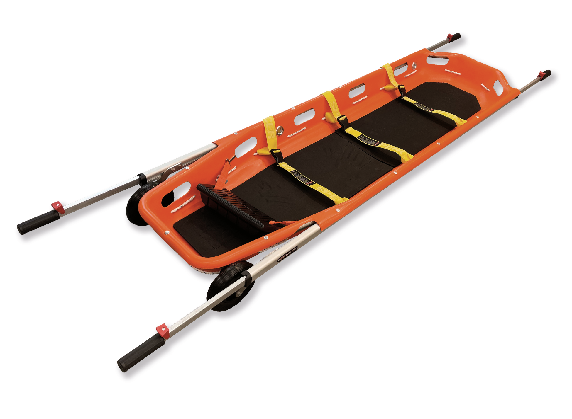 ANS 71 車輪付バスケットストレッチャー。片側に車輪が2個装備されているので、緊急の場合は１人で傷病者を運ぶことも可能、車輪・伸縮ハンドルが付いた使い勝手のいいバスケットストレッチャーです。