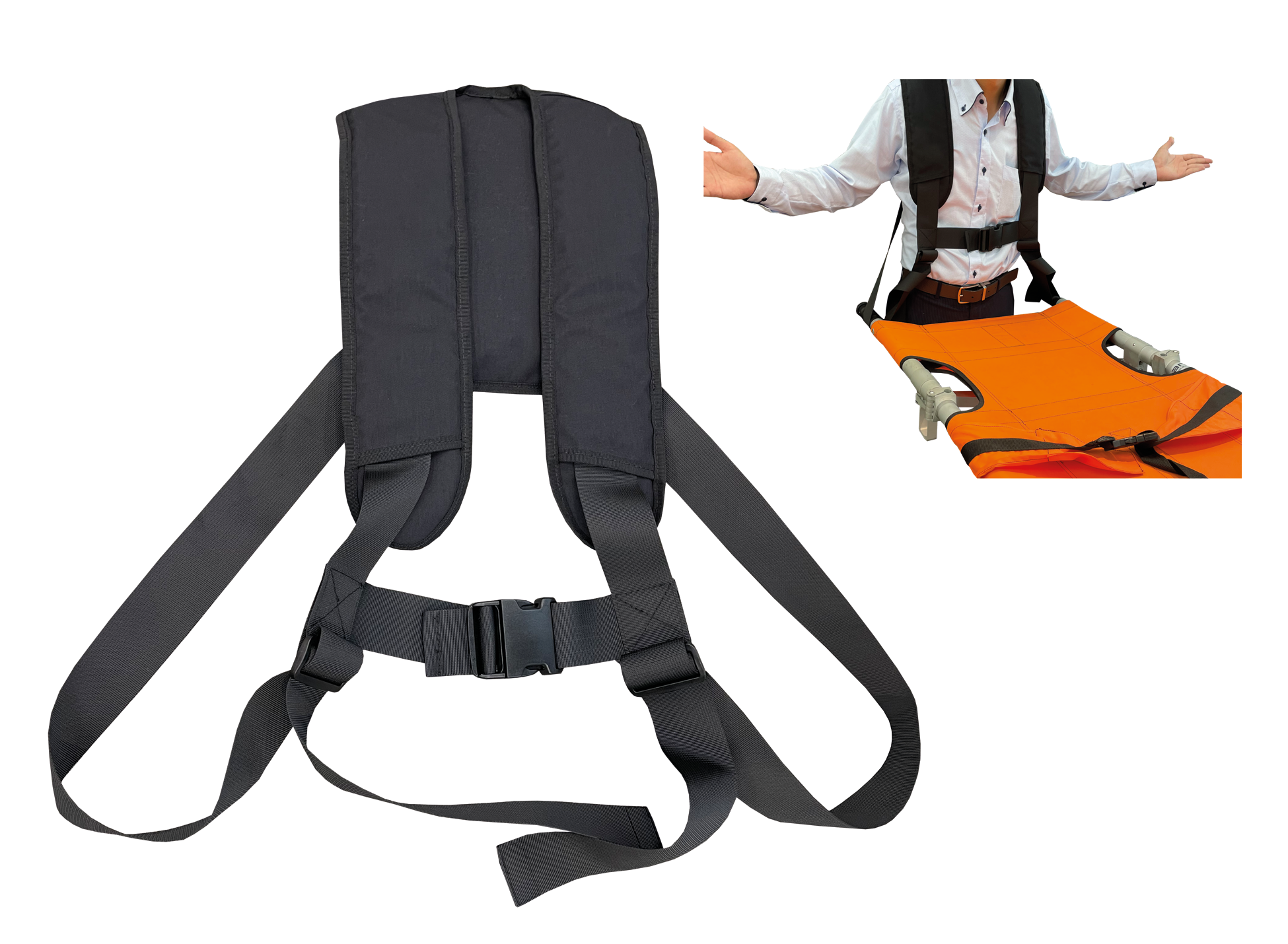 担架用ハーネス。体全体に荷重がかかるので、手で持つよりも楽に搬送できます。両手が空くので、ハーネスで担架を吊った状態のまま患者のケアをすることも可能です。